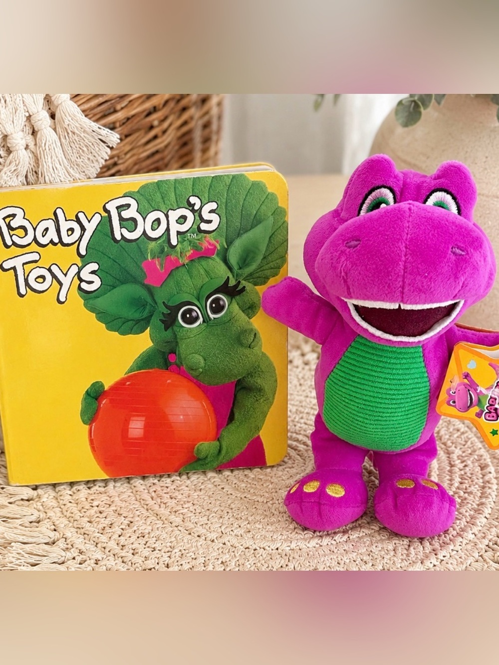 Vintage 90s Barney Baby Bop’s Toys Board Book & New Modern Barney Stuffed Animal